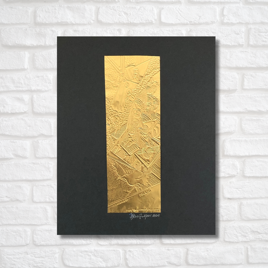 An engraved foil artwork with fine gold plating, mounted on a black background with artist´s signature at the bottom.