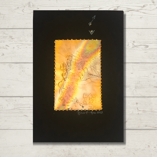 A bronze engraving titled 'Lambda Constellation' presented on a black background, featuring intricate patterns in warm tones.