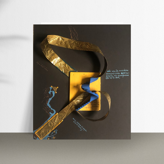 An artistic mixed media piece featuring bronze leaf engraving, wood, and cardboard elements, predominantly in gold, black, and hints of sea blue.